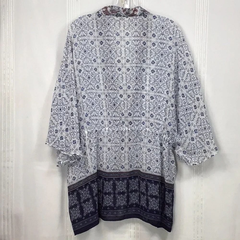Christopher & Banks Semi Sheer Blue White Patterned Kimono Top Sz.S/M - Picture 4 of 10
